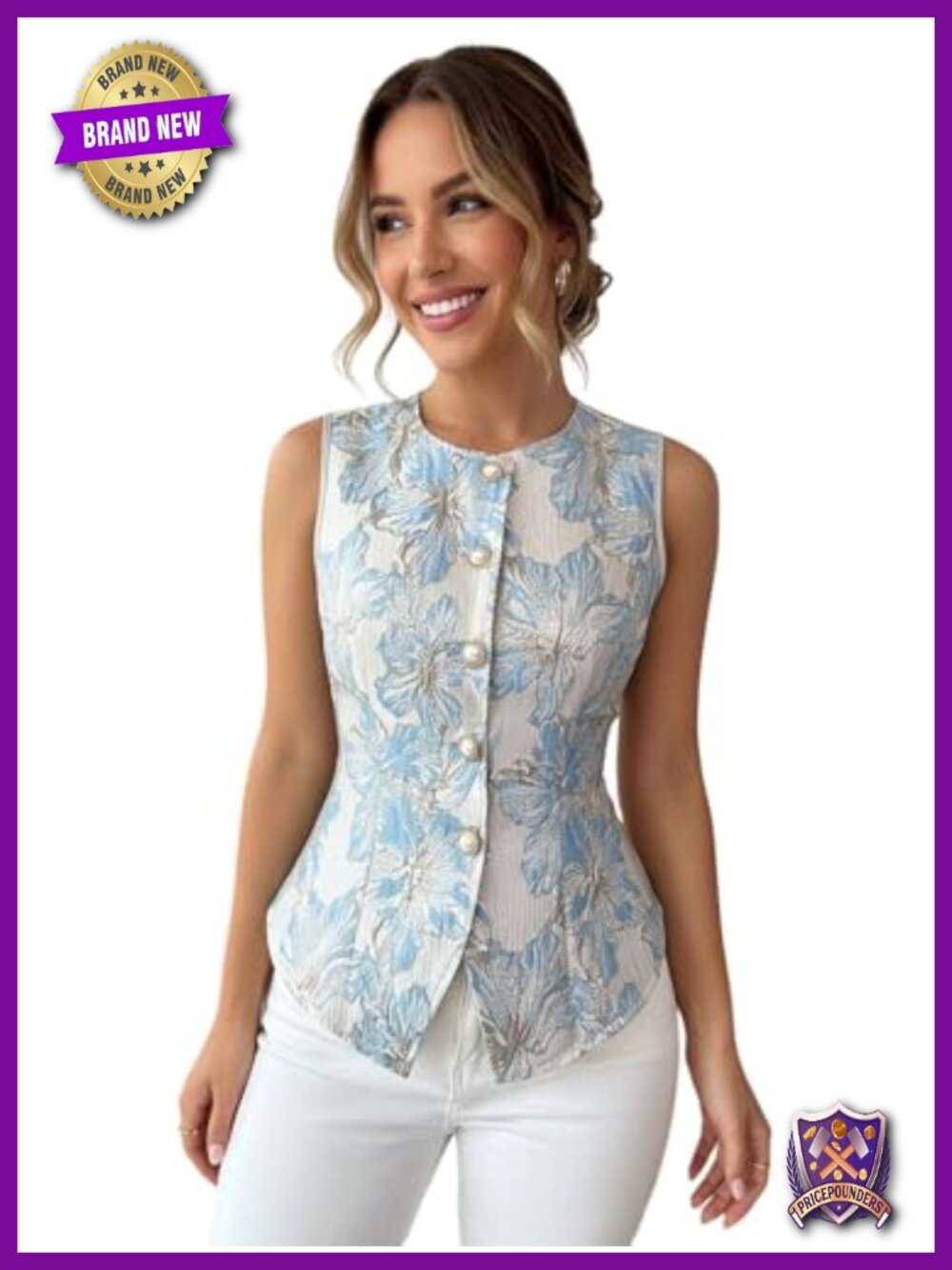 Vintage Floral Jacquard Tie Back Button Up Vest Top